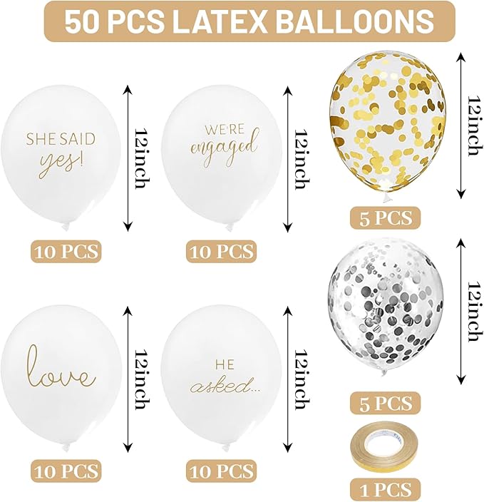 50Pcs Engagement Balloons, Engagement Party Decorations, He Asked balloons, She Said Yes Balloons, Gold Confetti Latex Balloon, Bridal Shower Engagement, Wedding Party Decoration