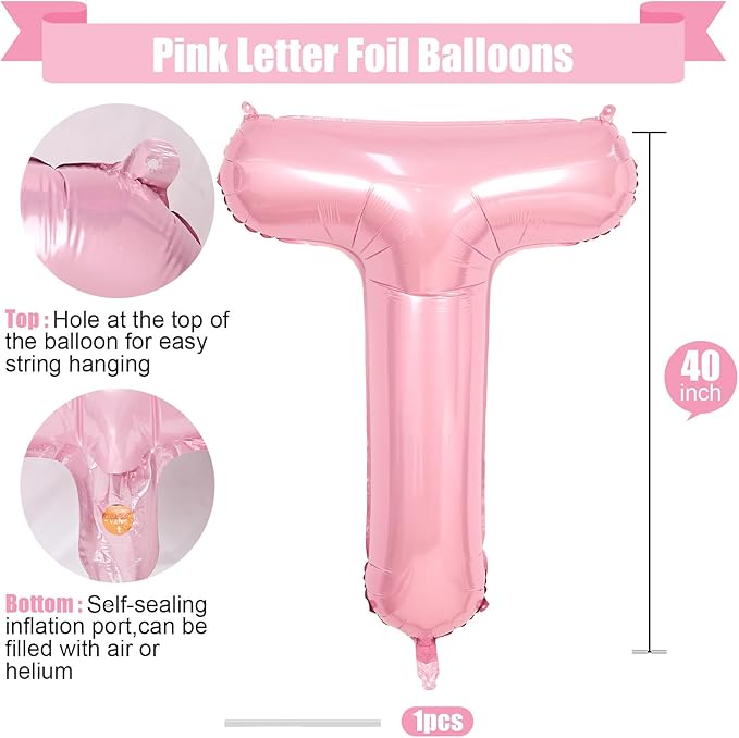Pink Letter T Balloons,40 Inch T Letter Balloon Light Pink,A to Z Alphabet Polyester Film Helium Custom Pastel Balloon for Birthday Anniversary Baby Shower Wedding Party Decorations