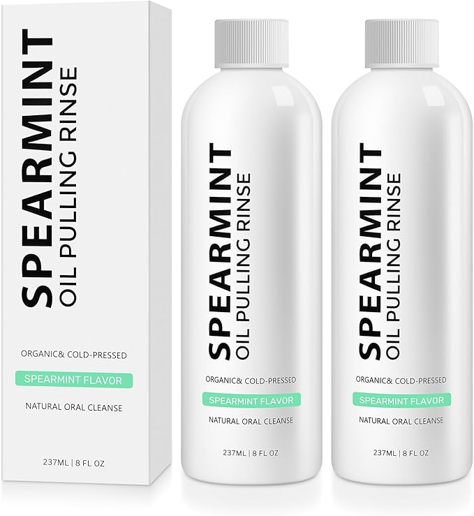 Spearmint White Oils Pulling Rinse-Natural Mouthwash with Organic Cold-Pressed Coconut Oil，White Oil Pulling Rinse for Teeth and Gums，Fresh Breath & Oral Care（2pc）
