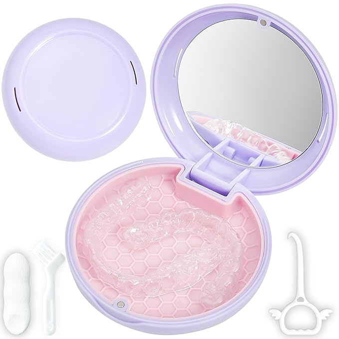 Retainer Case with Mirror,Slim Aligner Case with Vent Holes,Cute Dental Brace Box with Retainer Removal Tool and Brush (Purple Pink)