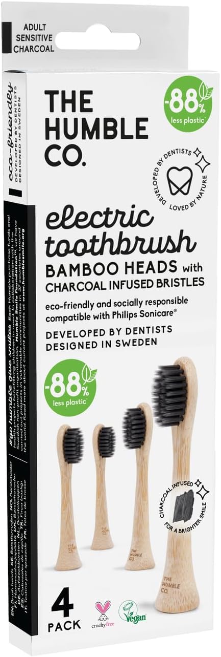 The Humble Co. Bamboo Electric Toothbrush Heads 4pk - Replacement Heads Compatible with Philips Sonicare Toothbrush, Helps Remove Plaque and Eliminate Bad Breath (Charcoal)