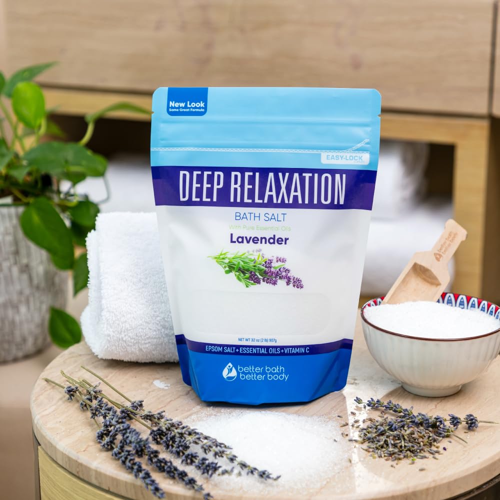 Deep Relaxation Bath Salt 32 Ounces Epsom Salt with Natural Lavender Essential Oil Plus Vitamin C in BPA Free Pouch with Easy Press-Lock Seal
