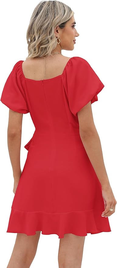 Sampeel Womens Summer Dresses Square Neck Puff Sleeve Tie Waist Short Dress