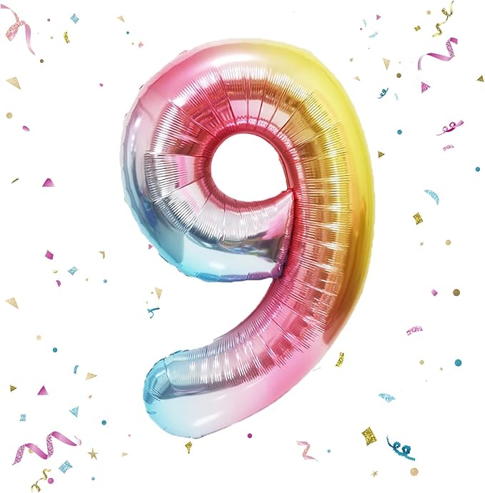 40 Inch Giant Rainbow Number 9 Balloons, Birthday Balloons, Helium Mylar Foil Big Number Balloons for Birthday Party Decorations, Kids' Birthday Anniversary Party Baby Shower Unicorn Parties