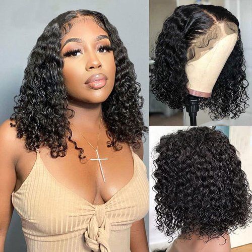 Sol Soal 12 inch Water Wave Human Hair Deep Curly Short Bob Lace Front Wigs 13x4 Transparent Lace Frontal Wigs for Black Women Glueless Wet and Wavy Lace Front Wigs Human Hair