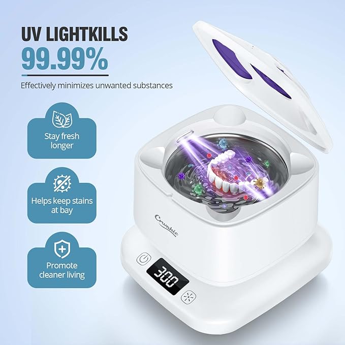 Ultrasonic Retainer Cleaner, Detachable 45kHz Retainer Cleaner Machine 3 Modes Dental Cleaning Pod with Visible Window Digital Timer for Mouth Guard, Dentures, Aligner, Braces, Jewelry - White