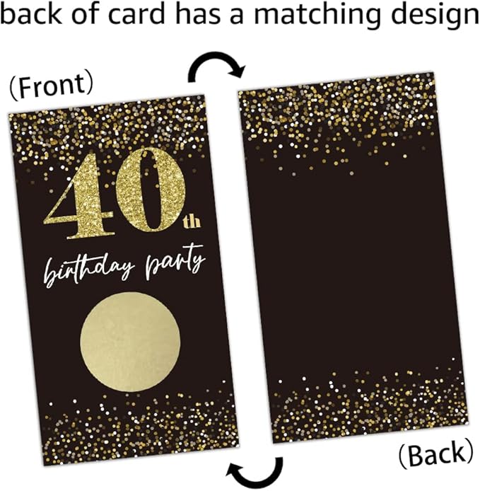 REWIDPARTY Black Gold 40th Birthday Party Scratch Off Game Cards（32 PCS） Cheers to 40 Years Party Supplies Happy 40th Birthday Party Scratch Cards Activity for Birthday Raffle Tickets Kids Adults