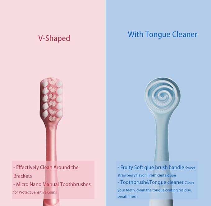 V-Shaped Orthodontic Toothbrush Dental Brush for Braces, for Kids/Teens/Adult, for Sensitive Teeth, for Delicate Gums, Soft Bristles, Toothbrush for Braces, with Tongue Cleaner, Pink, 3pcs