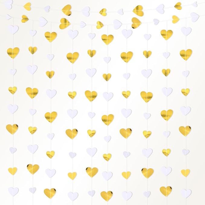 10 Pack 130ft White-Gold Holographic Heart Party Garland Asymmetrical Love Hanging Banners for Wedding Engagement Anniversary Bachelorette Bridal Shower Birthday Decoration