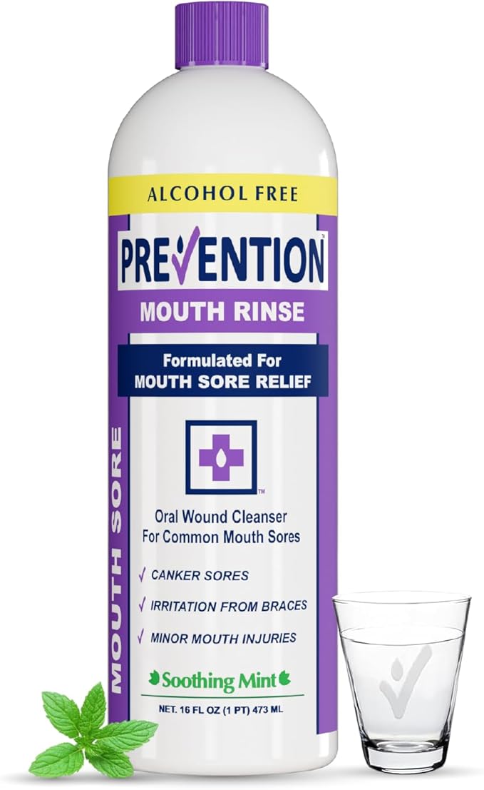 Prevention Mouth Sore Mouth Rinse, Canker Sore Treatment, Oral Pain Relief Mouthwash for Ulcers and Sores, Braces, with Hydrogen Peroxide, Alcohol-Free, Fluoride Free, 16 oz, Soothing Mint, 1 Pack