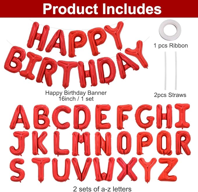 TONIFUL 65 Pcs 16 Inch Red Happy Birthday Balloons and 2 Sets A-Z Foil Letters Balloons DIY Personalized Phrase Banner for Birthday Celebration Halloween Thanksgiving Christmas Party Decorations