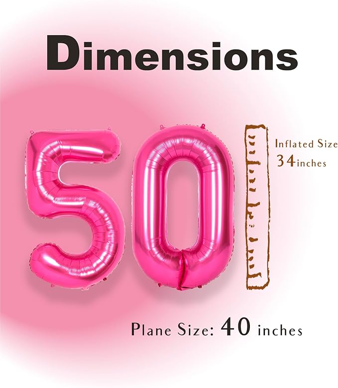 SUWEN 40 Inch Large Hot Pink 50 Balloon Numbers Big Foil Helium Number Balloons 0-9 Jumbo Happy 50th Mylar Birthday Party Decorations for Women Anniversary Party Supplies