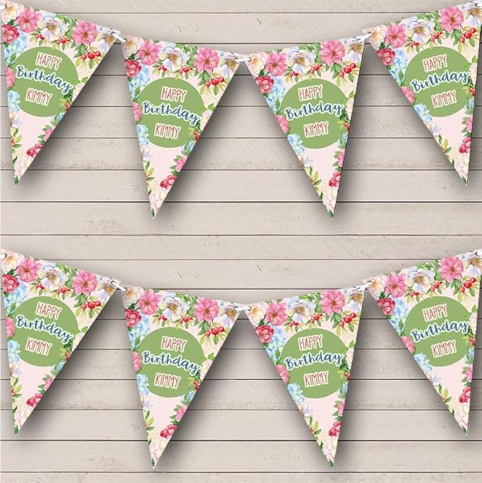 Happy Colourful Vintage Style Flowers Personalized Birthday Party Bunting - Hanging Party Decoration - Birthday Party Banner Garland | Decorative Party Supplies