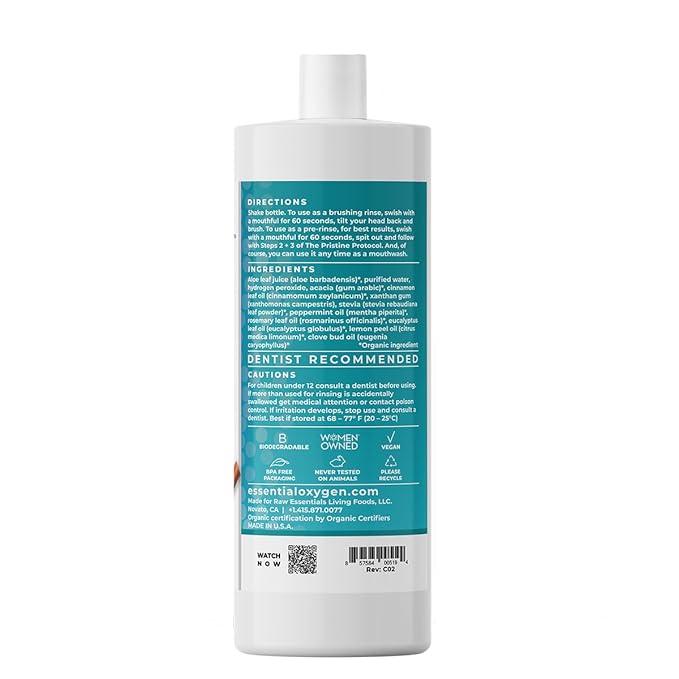 Essential Oxygen, BR Organic Brushing Rinse and Mouthwash, Cinnamint, 32 fl oz, for Whiter Teeth, Fresher Breath and Happier Gums, Alcohol-Free Oral Care (Pack of 1)