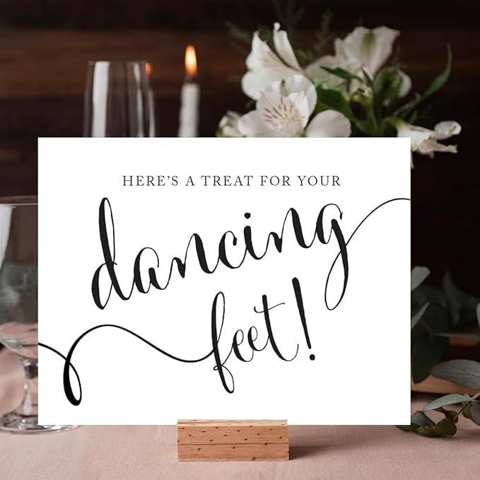Andaz Press Wedding Party Signs, Formal Black and White, 8.5-inch x 11-inch, Here's a Treat for Your Dancing Feet! Flip Flop Sandals High Heels Shoes Dance Floor Reception Sign, 1-Pack
