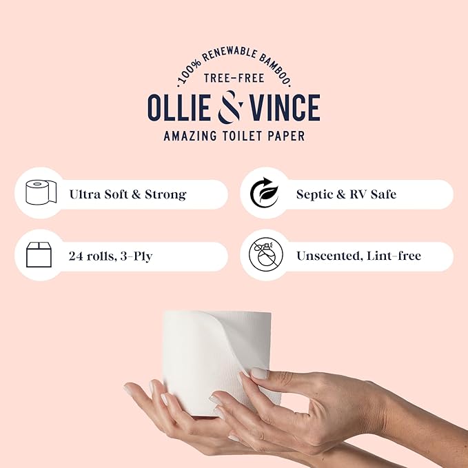 Ollie & Vince Bamboo Toilet Paper | Sustainable, Eco-Friendly, Plastic-Free & Tree-Free, Organic | 24 Rolls, 3-Ply, Soft, Strong & Septic Safe, Unscented | Premium Bathroom Tissue