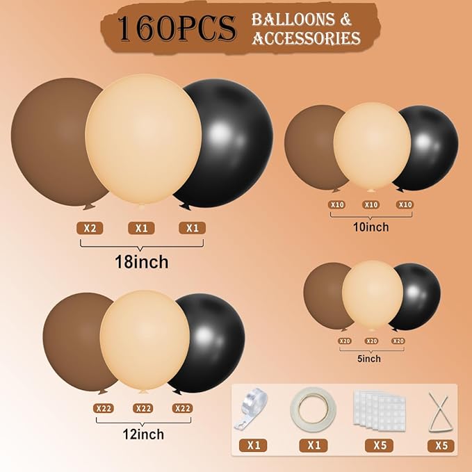 Brown Black Nude Balloon Garland Arch Kit, 160Pcs Latex Balloons Different Size 18 12 10 5 inch for Birthday Bridal Baby Shower Gender Reveal Wedding Retirement Party Decorations