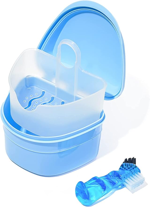 Y-Kelin Denture Retainer Cleaner Kit, Denture Cleaning Case with Denture Brush (Blue)