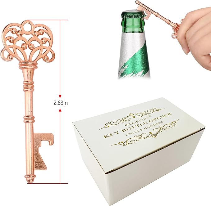 WODEGIFT 100 PCS Wedding Favors Bottle Opener,Vintage Skeleton Key Bottle Opener,Key Bottle Openers with Escort Tag Cards and Key Chains Wedding Gifts for Guest（Rose Gold）