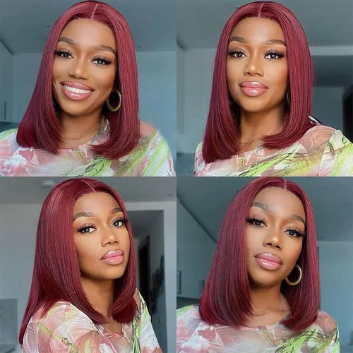 99J Burgundy Lace Front Wigs Human Hair 13x4 HD Lace Frontal Glueless Straight Short Bob Wig Human Hair 180% Density Bob Wigs for Black Women Human Hair Pre Plucked Natural Hairline Wine Red 14 Inch