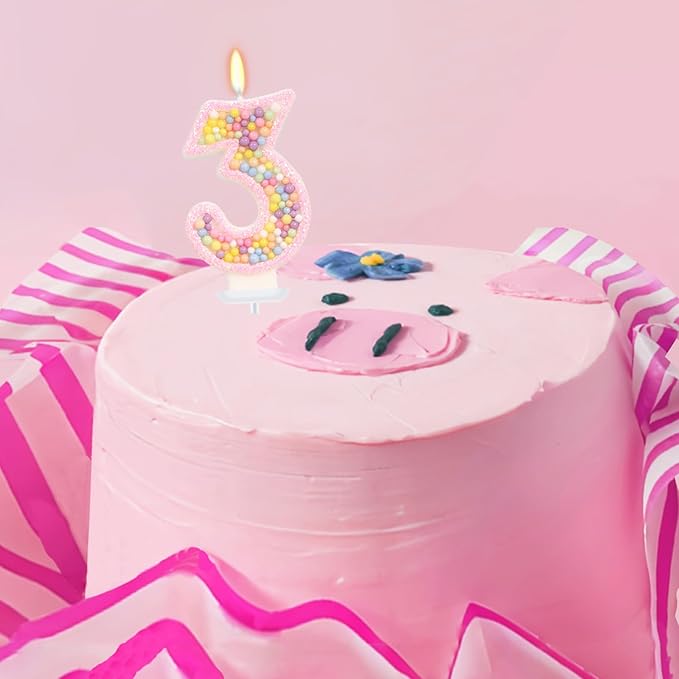 Birthday Candles for Girls - Number 3 Candle, Colorful Macaron Candles, 3 Cake Topper, 3rd Birthday Decorations for Girls, Pig Cartoon Theme Birthday Party Supplies (Pink)