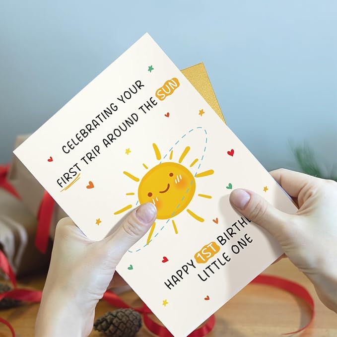Qiliji First Birthday Card for Baby Boy or Girl, Happy 1st Birthday Card for Daughter Son Granddaughter Grandson Niece Nephew, Celebrating Your First Trip Around the Sun Little One