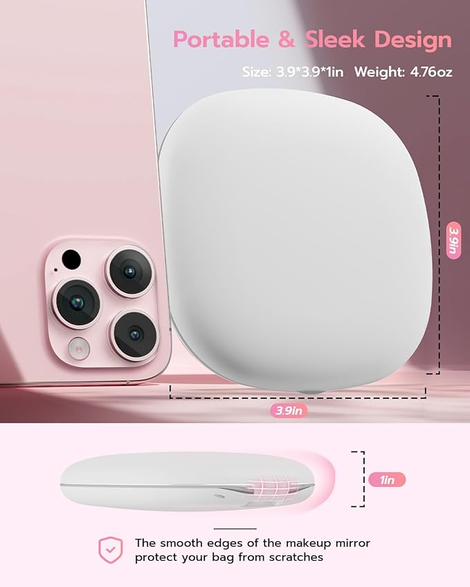 Benbilry 3.9" Rechargeable Compact Makeup Mirror with 3 Light Colors and Magnification 1X / 10X, Double Light Strip Dimmable Small LED Travel Mirror for Purse, White