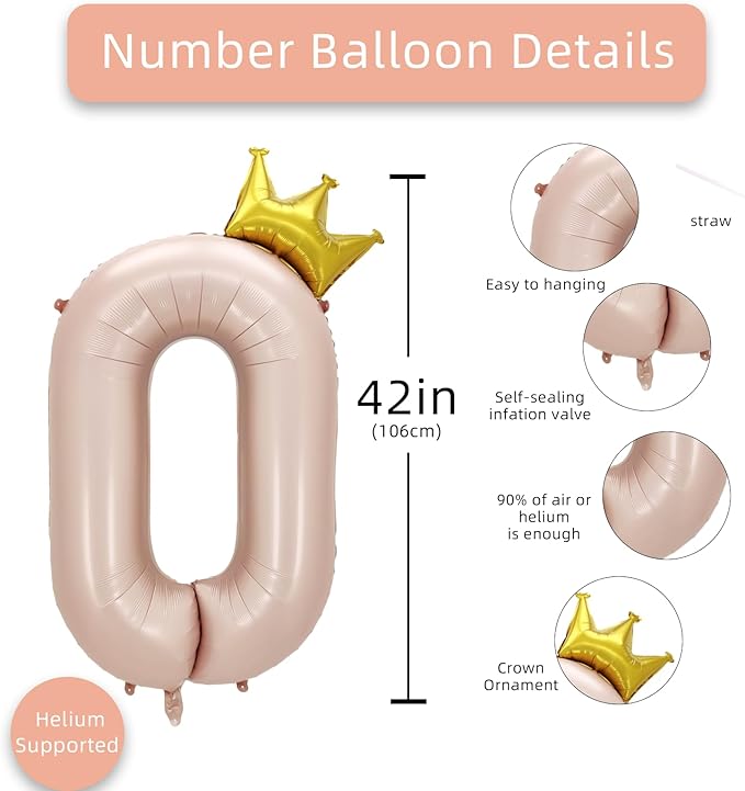 AULE 40 Inch Big Pink 0 Balloon Number with Crown Large Foil Helium Number Balloons 0-9 Jumbo Giant Happy Birthday Party Decorations Huge Mylar Anniversary Party Supplies