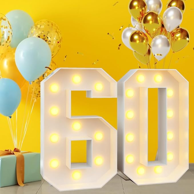 Marquee 4ft Numbers with Light up Number 60 White Mosaic Frame Slots-in Letter 60 for 60th Birthday Party Decorations Pre-Cut Cardboard Large Giant Cut-Out Thick Foam Board Sign Anniversary