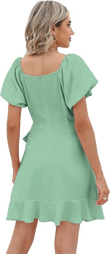 Sampeel Womens Summer Dresses Square Neck Puff Sleeve Tie Waist Short Dress