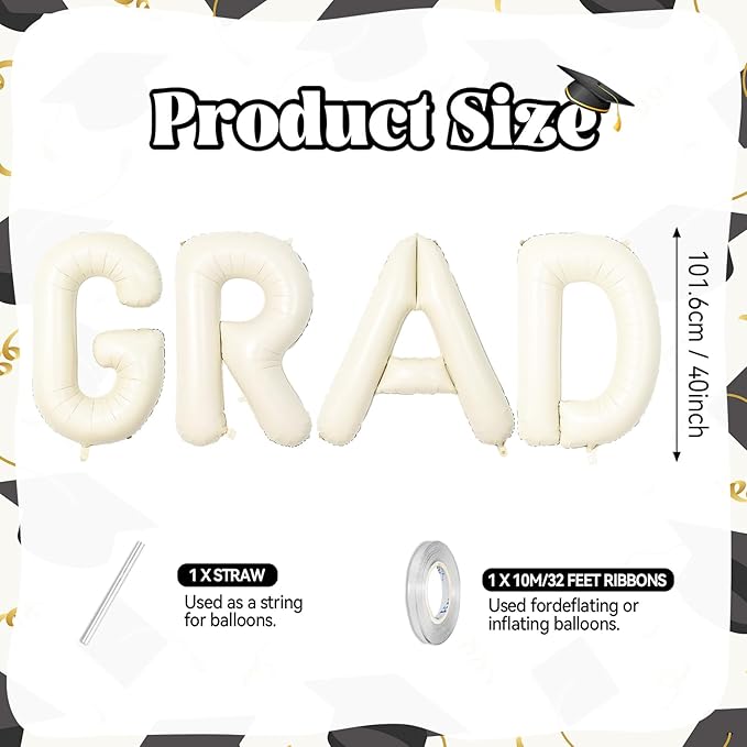 Biapian 40 Inch GRAD Balloons, Cream Letter Balloon, Beige Graduation Decorations, Large Banner With White Ribbon for Class of 2024 Party