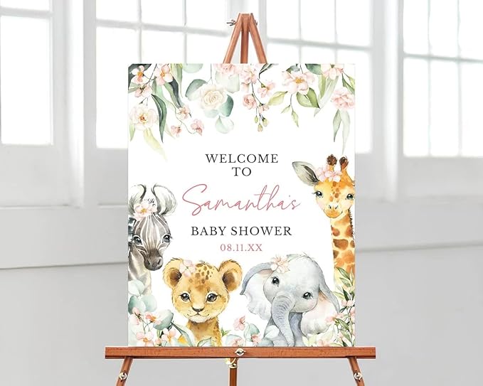 Personalized Baby Shower Sign, Baby Shower Welcome Sign, Jungle Baby Shower Welcome Sign, Greenery Floral Safari Jungle Animals Baby Shower