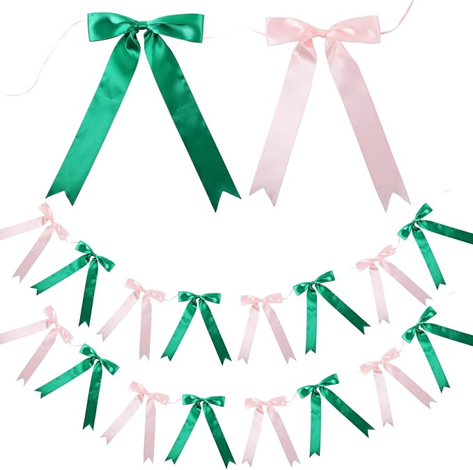 2 Strings Bow Garland Pink Green Bow Garland Banner Hanging Birthday Decorations for Party Decorations Bachelorette Wedding Party Baby Shower Graduation 16pcs