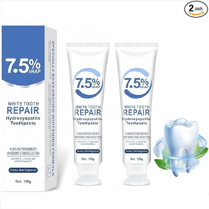 2 Pcs 7.5% Hydroxyapatite Toothpaste for Advanced Enamel Protection and Tooth Strengthening, Gentle and Effective Formula Fresh Breath Suitable for Sensitive Teeth.