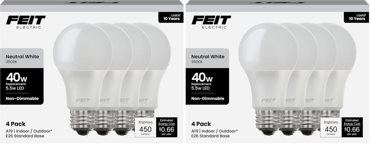 Feit Electric A19 LED Light Bulb, 40-Watt Equivalent,3500K White,E26 Base,450 Lumens,11,000-Hr Lifespan,General-Purpose Residential or Commercial Applications,A450/835/10KLED/4,4 Count (Pack of 2)