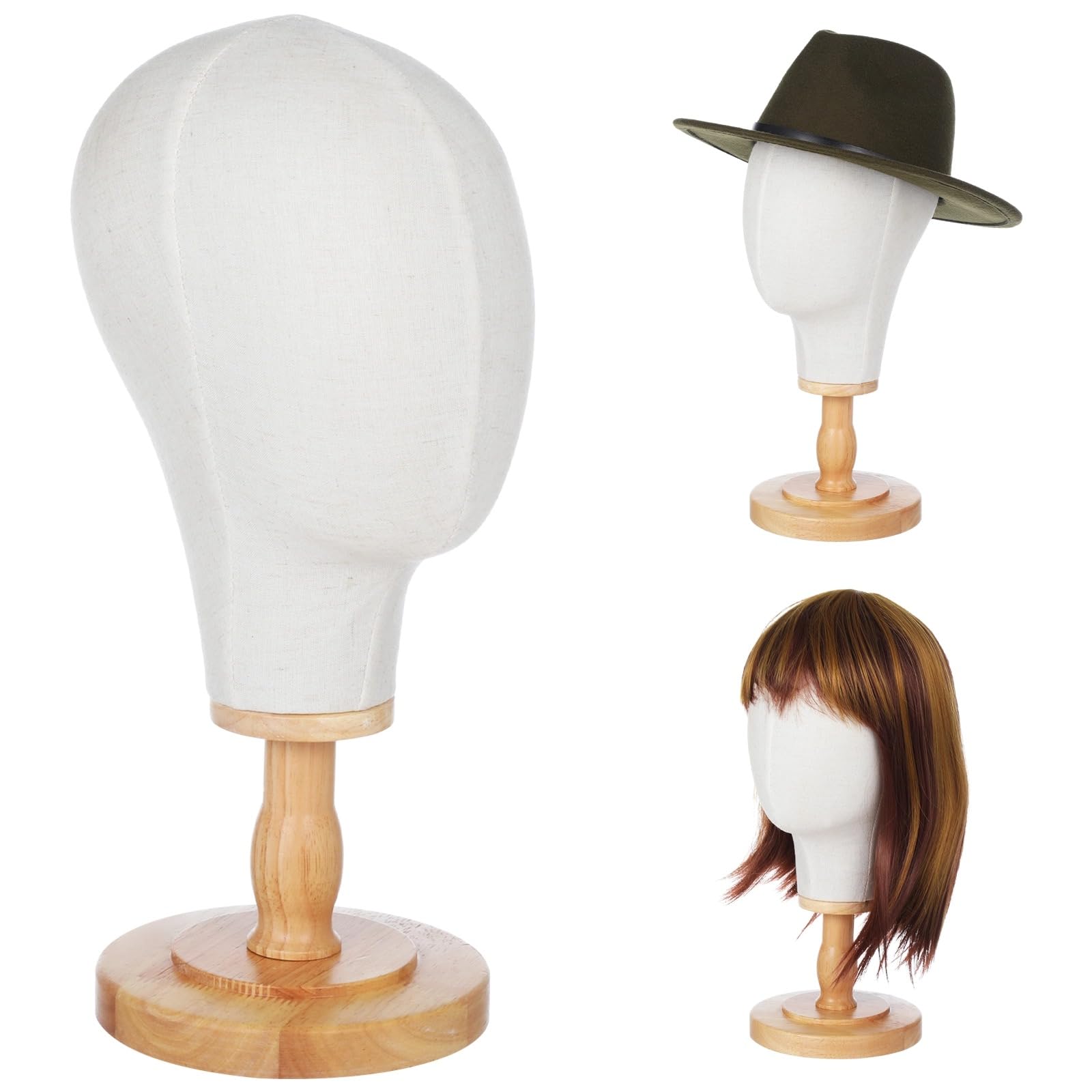 Wig Head Stand Mannequin Head Hat Display Stand Linen Wig Holder - Fabric Head Hat Display Stand, Linen Wig Holder, Canvas Hat Display Rack with Detachable Wood Base for Headdress Headband Headset