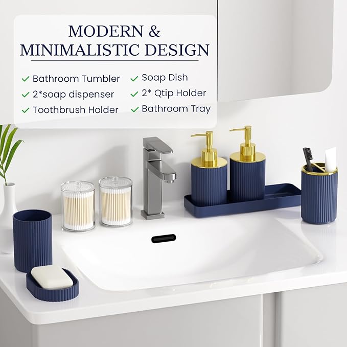 Navy Blue Bathroom Accessories Set, 10PC Bathroom Set, Bath Accessory with Pop Up Trash Can, Soap Dispenser, Toilet Brush, Toothbrush Set Qtip Holders & Tray
