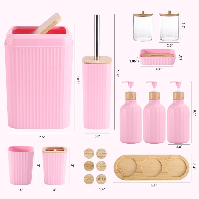 Pink Bathroom Accessories Set 17PCS Bathroom Set with Trash Can 3PCS Lotion Soap Dispenser, Toothbrush Holder, Soap Dish,Tumbler Cup,6PCS Wood Tags Bath Accessories with Tray for Kitchen Bathroom