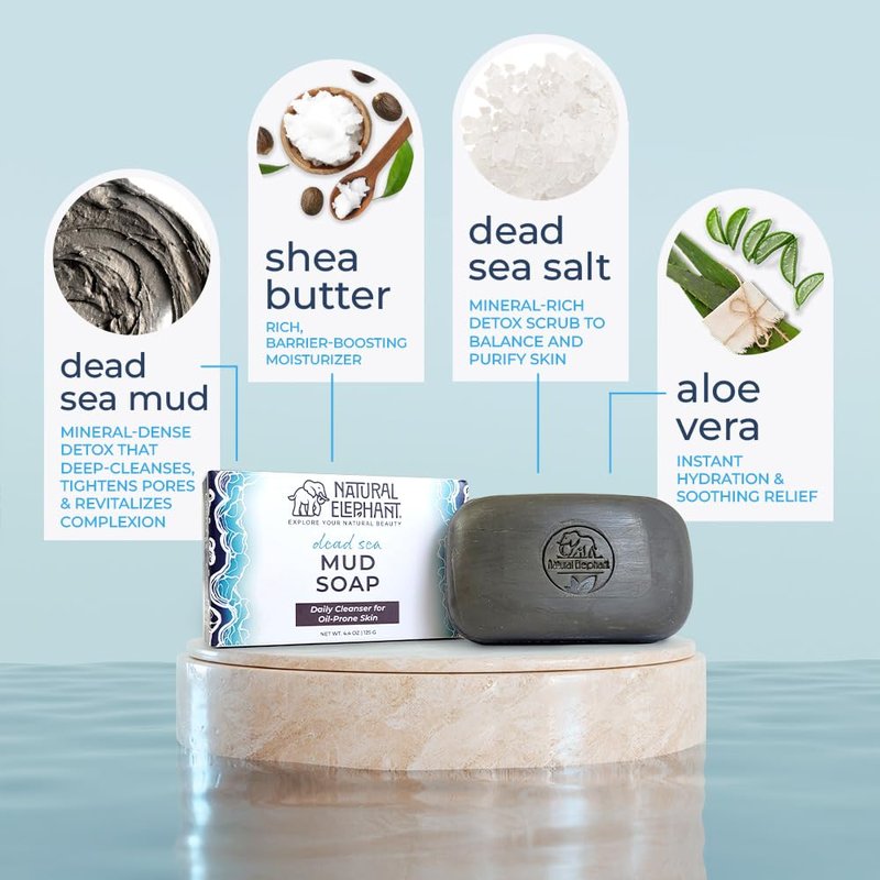 Natural Elephant Dead Sea Mud Soap Bar | Mineral-Rich Face & Body Cleanser with Natural Dead Sea Minerals | 4.4 oz (125 g) Pack of 3