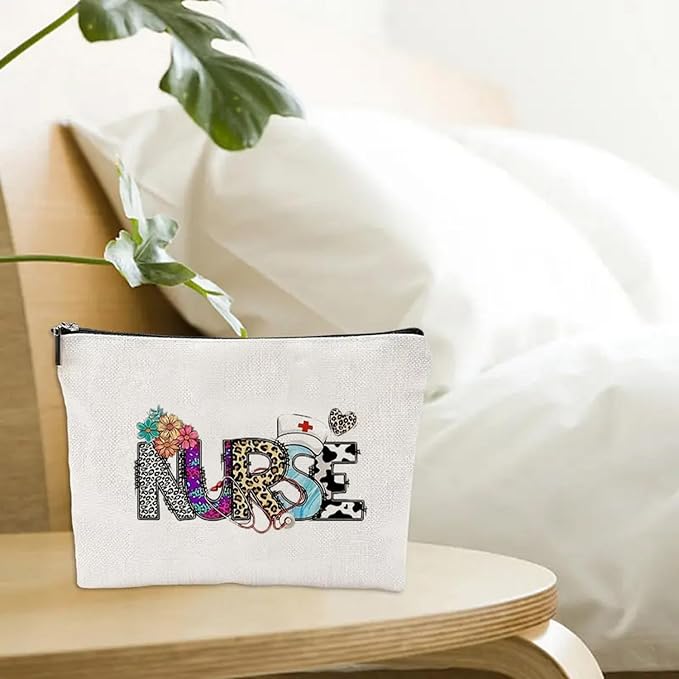 GRITOSE Nurse Makeup Bags Leopard Print Flowers deisgns Nurse Cosmetic Bag Work Toiletry Bag Accessories for Nurse Gifts Nursing Student Small Nurse Bag with Zipper