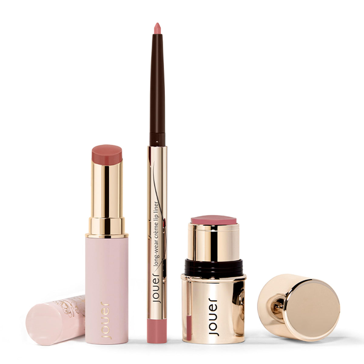 Jouer Bare Rose Collection | Blush Stick, Cream Lip Liner, Lip Plumping Balm Kit | Face Makeup in Rose Shades, Hydrating Formulas for Long Wear | $78 Value