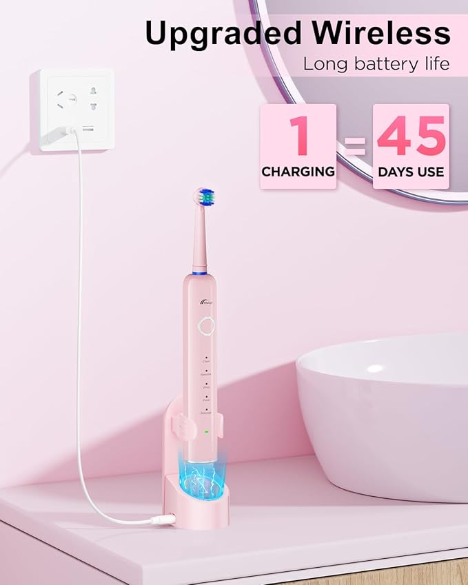Rtauys R6 Rotating Electric Toothbrush for Adults, Fast Charge, Come with 8 Brush Heads (2 Types) and Travel Case, 5 Modes, 50000VPM Powered Toothbrush, 2 Minute Timer