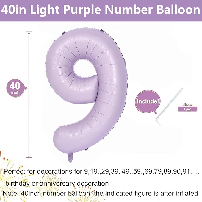 40 Inch Purple Number Balloons Light Purple 9 Balloon Matte purple Birthday Balloons 0-9 Birthday Wedding Party digital Decorations (Number 9)