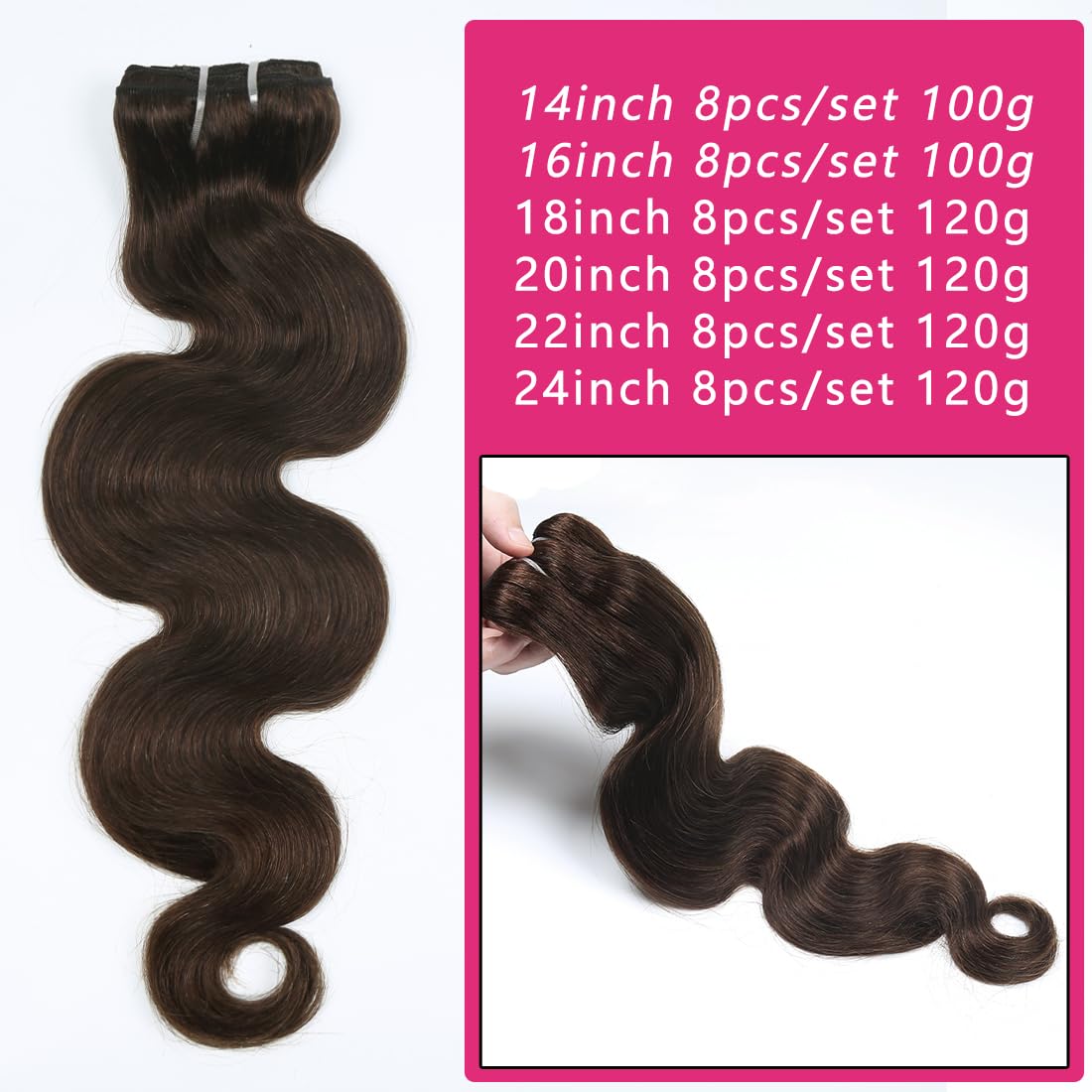 Clip in Hair Extensions Real Human Hair 16 Inch Remy Human Hair Extensions for Women Double Weft Seamless Clip ins Brazilian Body Wave Virgin Human Hair Extensions 8Pcs 100g 20 Clips Dark Brown