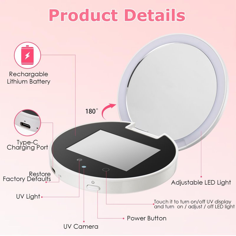 Vanexiss UV Camera for Sunscreen Test UV Mirror Sunscreen Camera, 3.8 Inch Rechargeable 2X Magnifying Vanity Mirror with Light Handheld Double-Sided Pocket Mirror for Skin Protection(White)