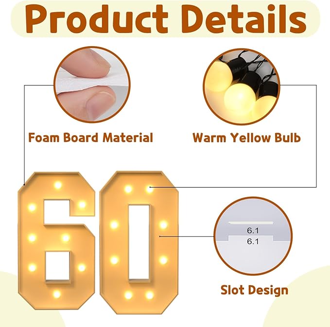 imprsv 3FT Marquee Light Up Numbers, Marquee Numbers 60th Birthday Decorations for Women Men, 60th Birthday Women Foam Board Anniversary Party Decorations Arch Kit (DIY)