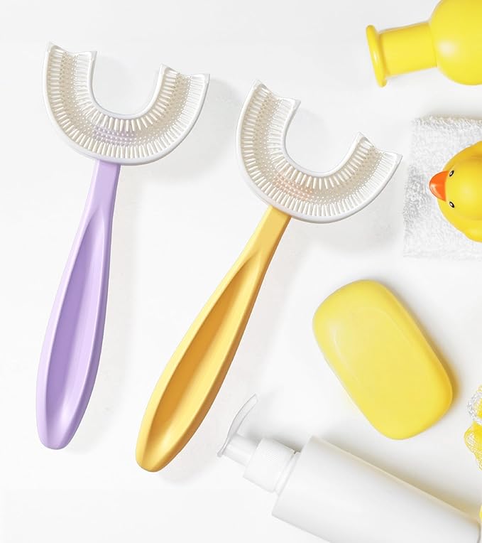 U Shaped Toothbrush Kids 6-12 Years Old- Two Premium Soft Toothbrushes Come with Travel Case & - Rounded Tooth Brushes Kids Size Head Makes Brushing Fun & Easy - 1 Purple, 1 Yellow
