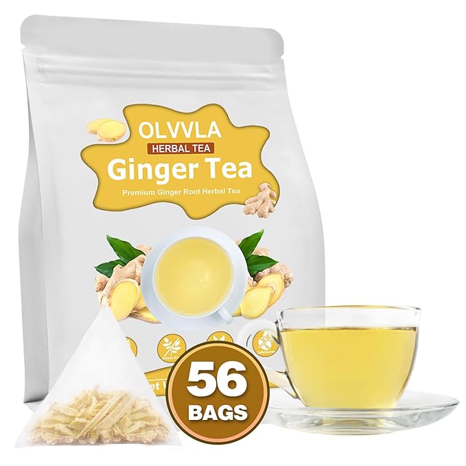 Olvvla - Premium Ginger Tea Bags - 2g X 56 Count - 100% Pure Natural Ginger Root Herbal Tea - Cut & Sifted - Non-GMO - Caffeine-free - Warm & Spicy - Relieve Nausea & Support Digestion
