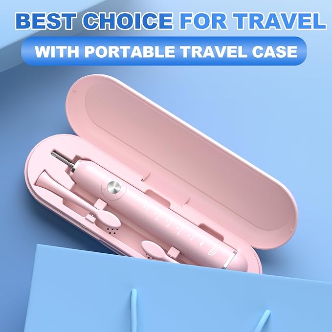 JTF Sonic Electric Toothbrush - with Travel Case and 6 Brush Heads, Fast Charging toothbrushes for 60 Days Long Lasting, 5 Modes Power Toothbrush for Women, Pink