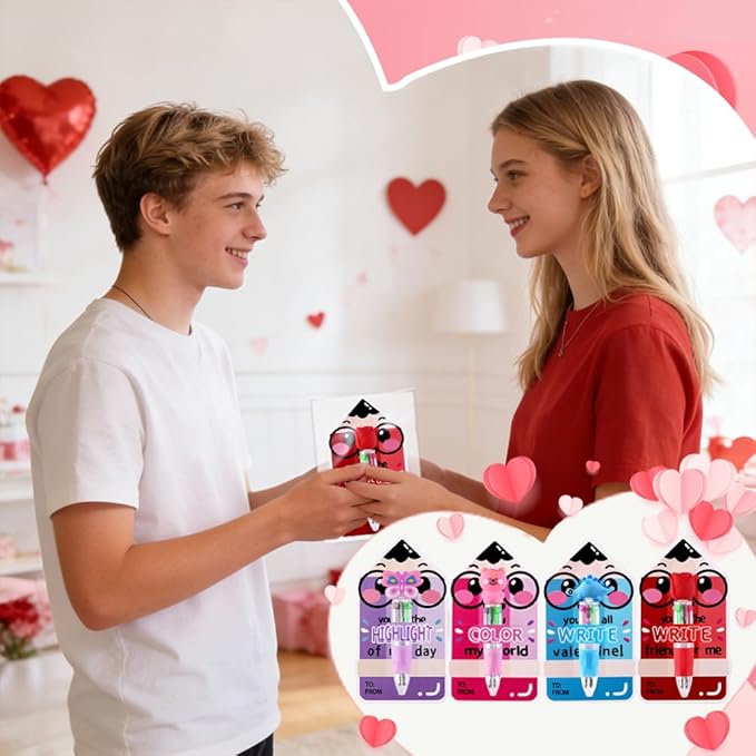 30 Pack Valentines Fun Pens with Cards 0.7mm Cute Animal Multicolor Ballpoint Pens Retractable 4 Colors in One Valentines Stationery Party Favors School Supplies Students Rewards